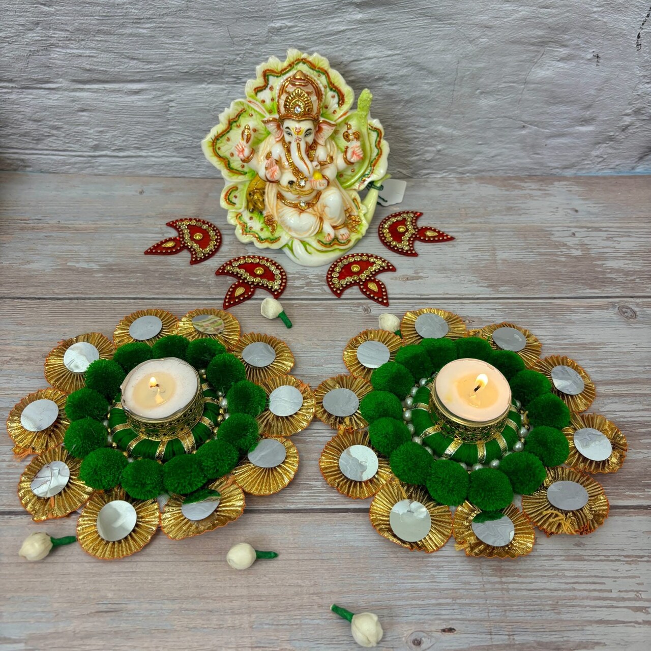2 Ct Rangoli Mat with Tea Light Candle Holder for Diwali Christmas Onam Pongal Decorations Pompom Rangoli Floor Home Temple Table Decor - Indian Traditional Deepawali Housewarming Gift (2 Pcs)
